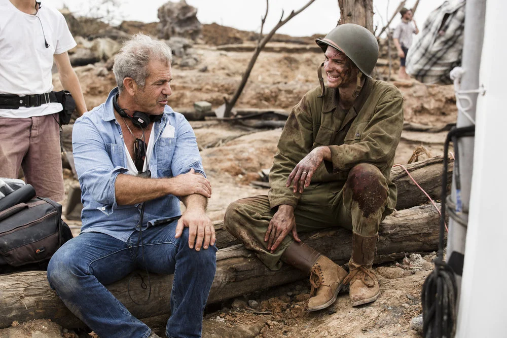 Mel Gibson and Andrew Garfield on the set of Hacksaw Ridge