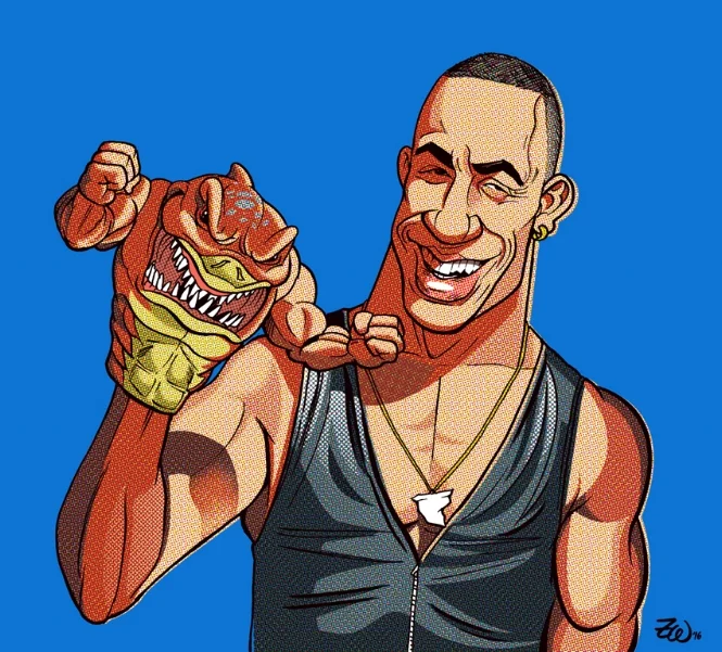 HAND SHARK! Ink & digital, 12" x 12" giclee print coated in wax. 27 year old Vin Diesel as he presented at the Street Sharks table at the New York Toy Fair in 1994. Super limited edition of only 12! Purchase #1, matted and framed here , or buy it unframed here !
