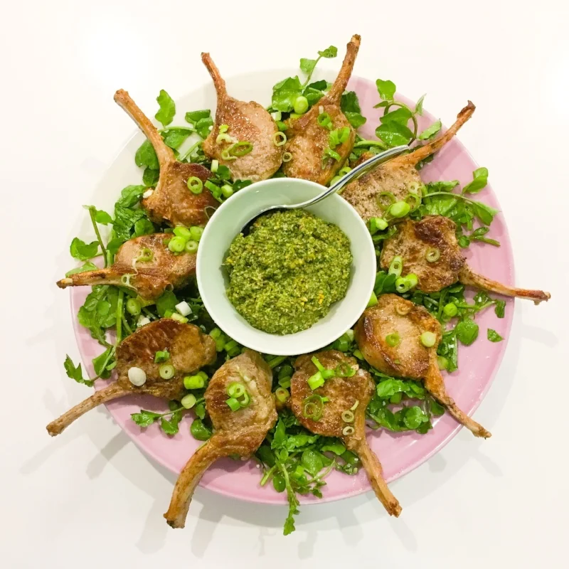 Lamb Cutlets with Sweet & Tangy Mint Pistachio Pesto
