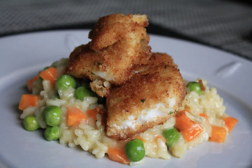 pollock with pea and carrot risotto