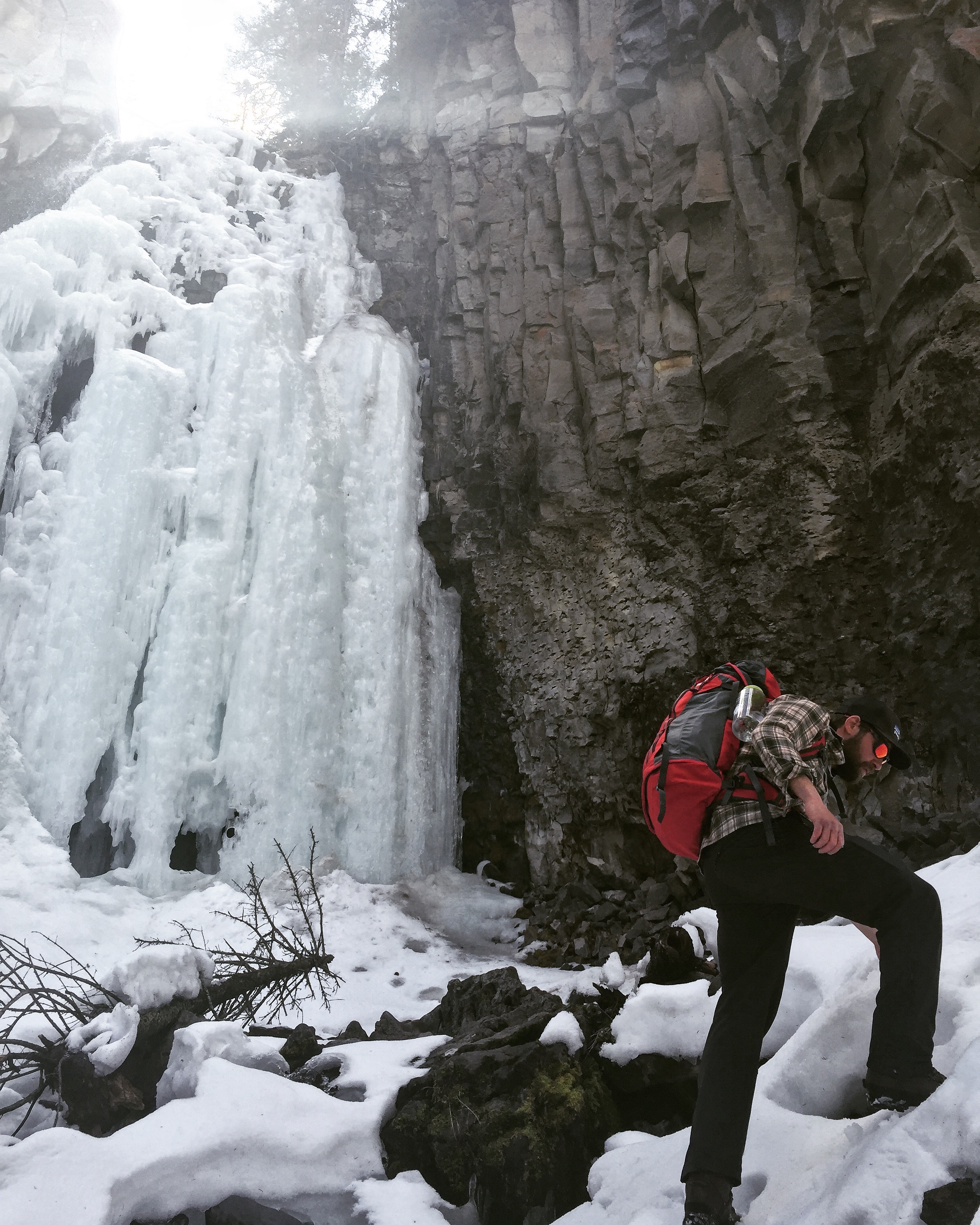 Walking up to a rather "thin" climb in Yellowstone. 