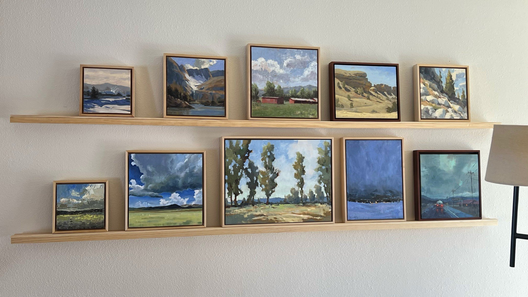 I needed a place to put paintings while they are drying and waiting to be sold. A couple of 1x3s and floating shelf hangers worked perfectly! 

 #hangingart #howtohangart #hangingartwork #oilpainting #landscapepainting #coloradoart #frameart #artfram
