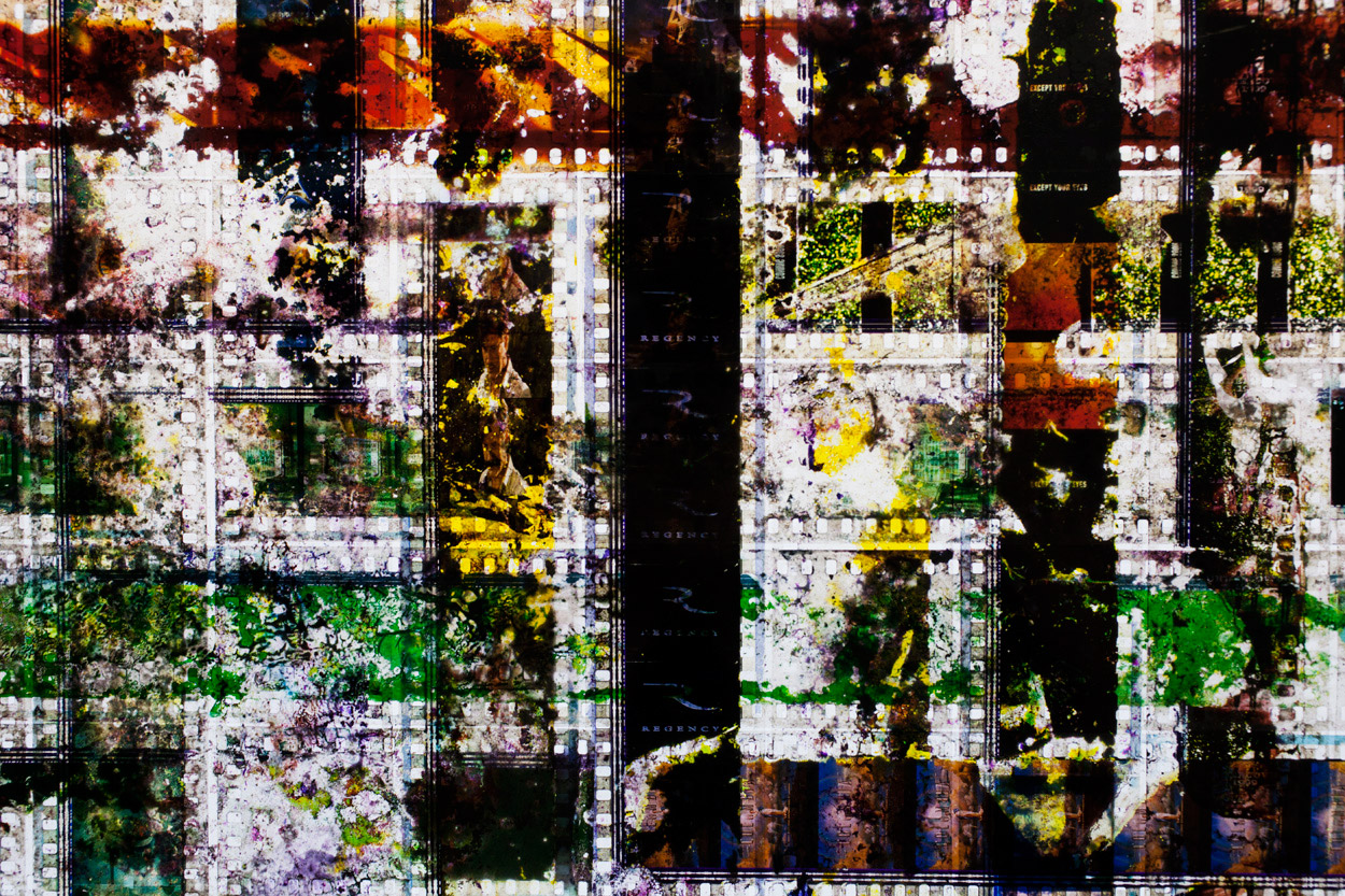 Untitled. 35mm Celluloid Film, Fluorescent Lights, Plexiglas, Custom Lightbox. 40 x40 x6. Richard Kerr. 2014. (Detail).