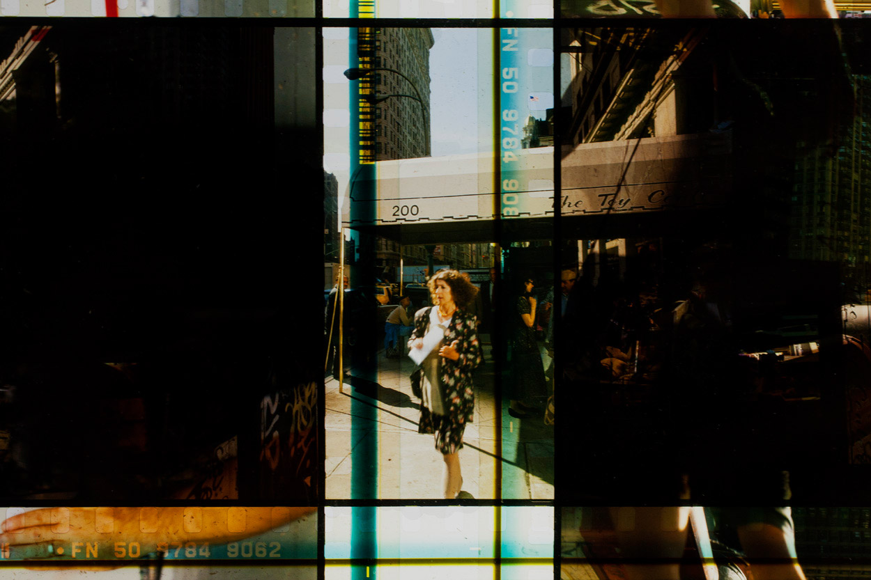 Flatiron District . 65 mm IMAX Celluloid Film, Fluorescent Lights, Plexiglas, Custom Lightbox. 40x40x6. Richard Kerr. 2014. (Detail).