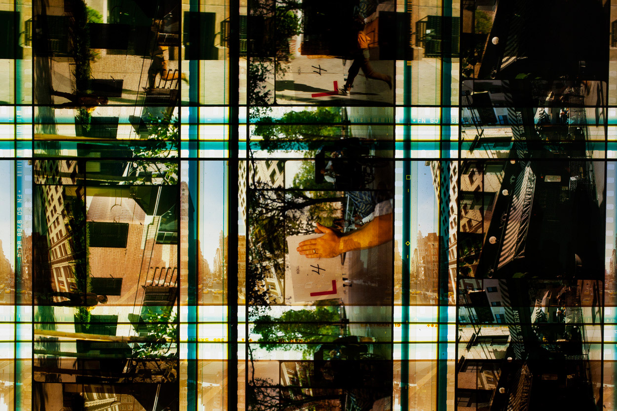 Flatiron District . 65 mm IMAX Celluloid Film, Fluorescent Lights, Plexiglas, Custom Lightbox. 40x40x6. Richard Kerr. 2014. (Detail).