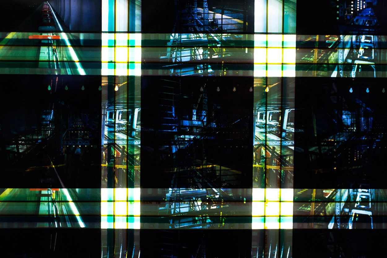 Uptown & The Bronx (Subway). 65mm IMAX Celluloid Film, Fluorescent Lights, Plexiglas, Custom Lightbox. 52x26x6. Richard Kerr. 2014. (Detail).