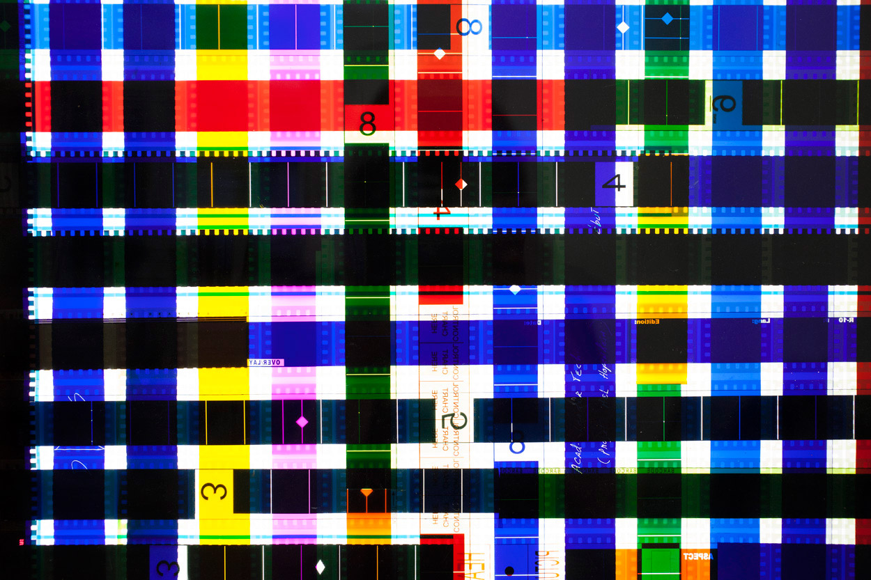 Chart Control (Blue) . 35mm Celluloid Film, Fluorescent Lights, Plexiglas, Custom Lightbox. 52x26x6. Richard Kerr. 2014. (Detail).
