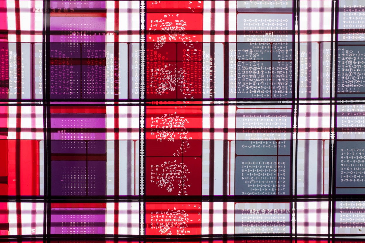 Rhythmic Two . 35mm Celluloid Film, Fluorescent Lights, Plexiglas, Custom Lightbox. 52x26x6. Richard Kerr. 2014. (Detail).