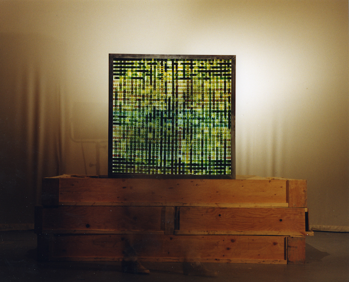 Coming Soon. 16mm Celluloid Film, Fluorescent Lights, Glass, Custom Lightbox. 48x48 Richard Kerr. 1998. *Collected University of Lethbridge Art Gallery.