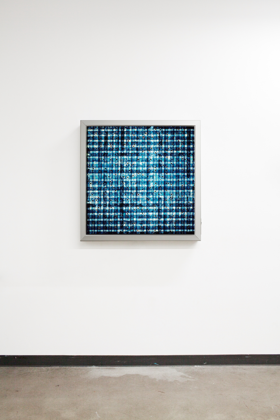 Drill Blue (Woven). 35mm Celluloid Film, Fluorescent Lights, Custom Lightbox. 30x30x6. Richard Kerr. 2016.
