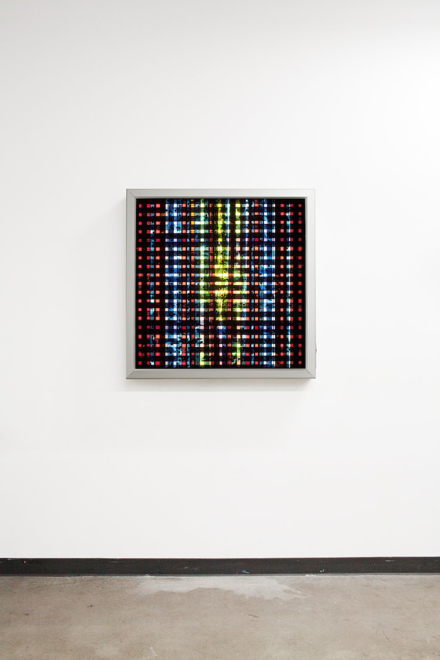 Drill Blue no.2. 35mm Celluloid Film, Fluorescent Lights, Custom Lightbox. 30x30x6. Richard Kerr. 2016.