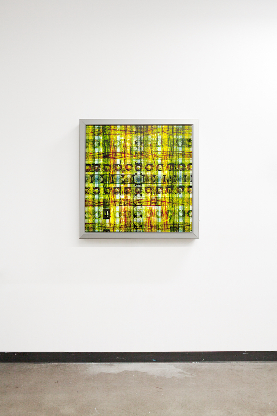 Space Program 5. 65mm Celluloid Film, Fluorescent Lights, Custom Lightbox. 30x30x6. Richard Kerr. 2016.