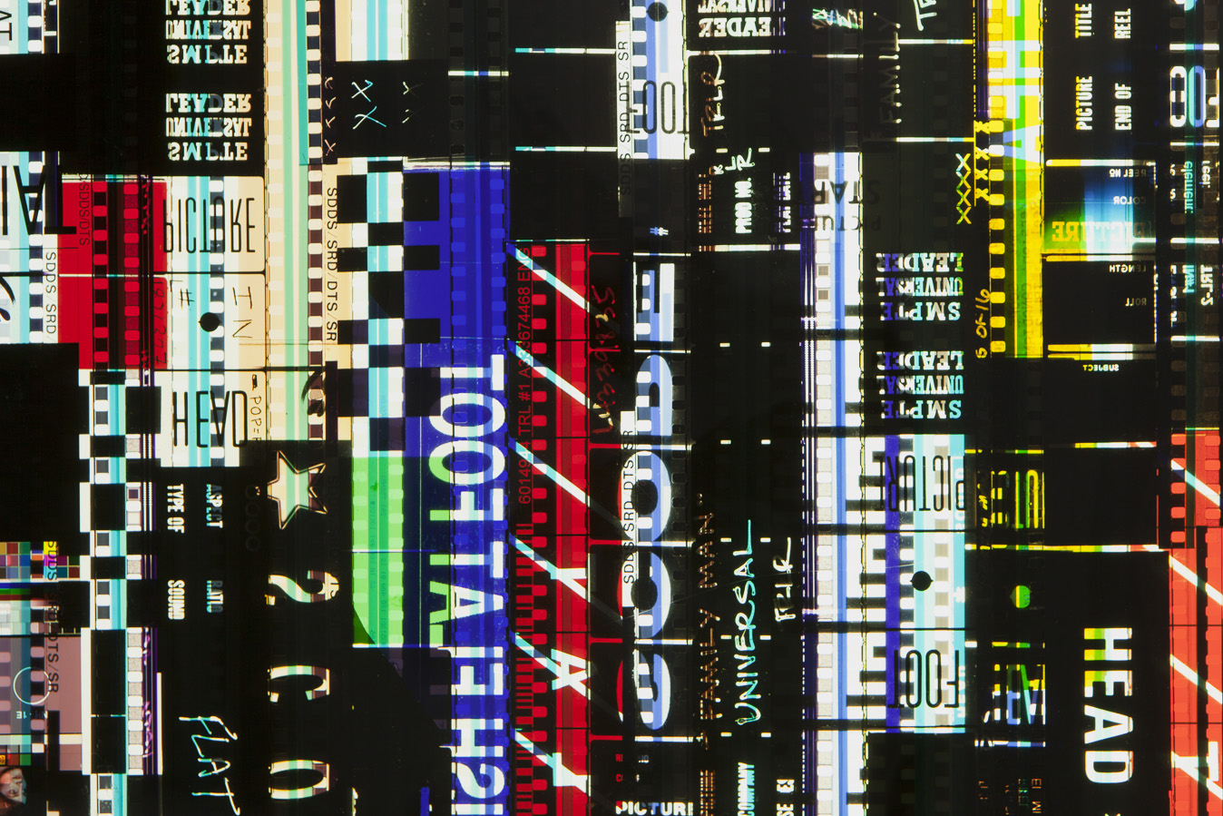Ascending Leaders 1. 35mm Celluloid Film, Fluorescent Lights, Custom Lightbox. 30x30x6. Richard Kerr. 2016. (Detail).