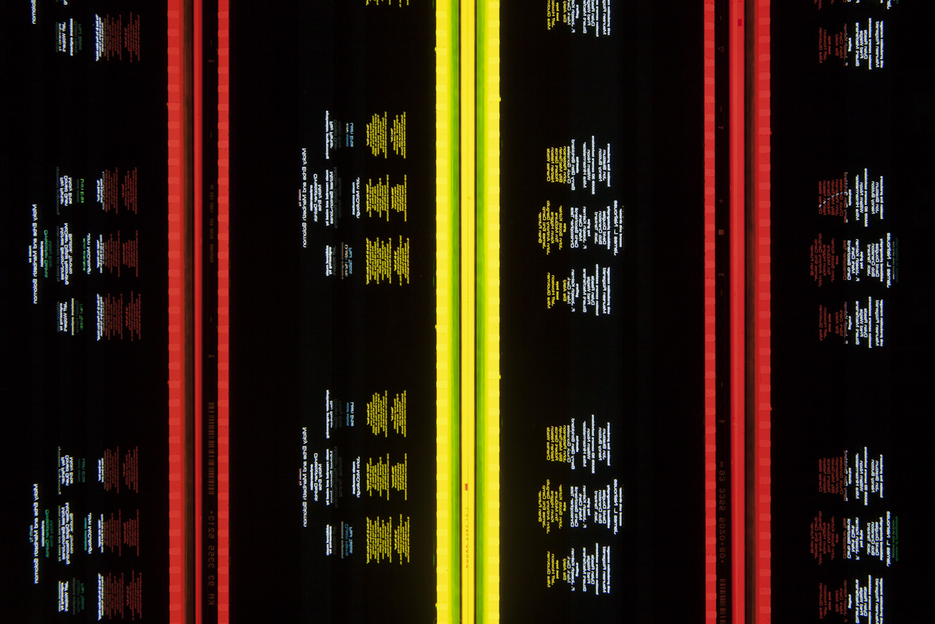 Space Credits 2. 65mm Celluloid Film, Fluorescent Lights, Custom Lightbox. 30x30x6. Richard Kerr. 2016. (Detail).