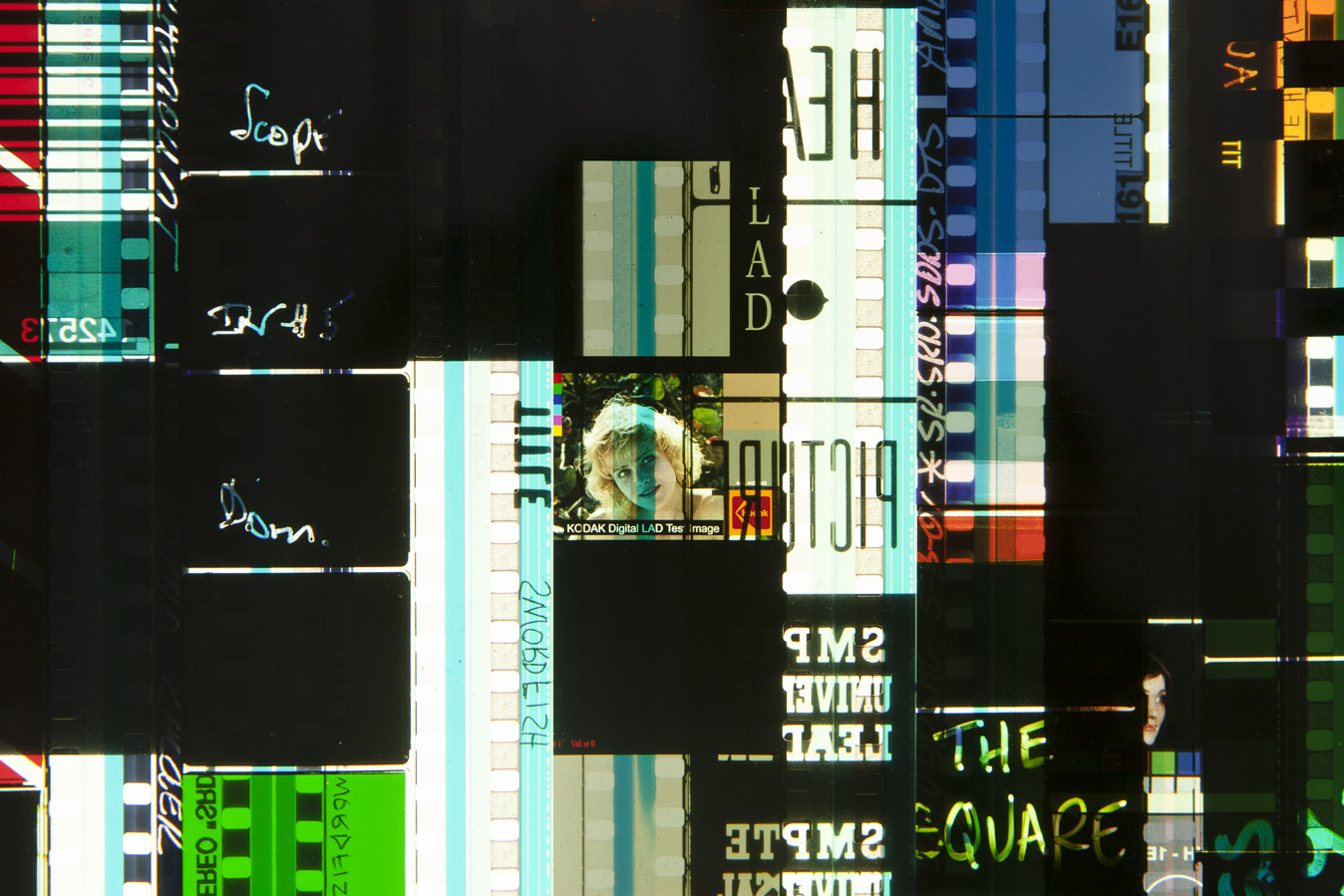 Ascending Leaders 2. 35mm Celluloid Film, Fluorescent Lights, Custom Lightbox. 30x30x6. Richard Kerr. 2016. (Detail).