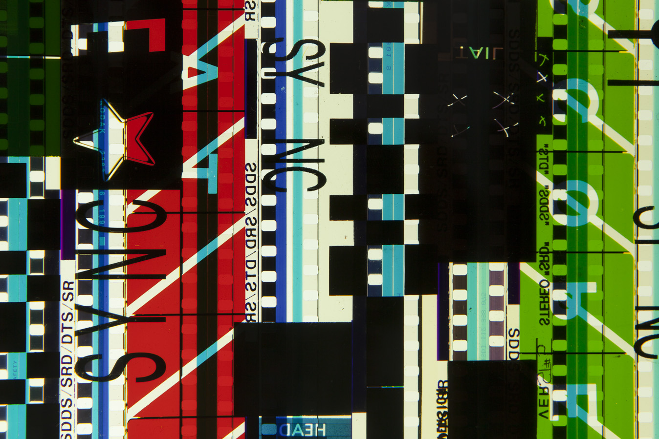 Ascending Leaders 3. 35mm Celluloid Film, Fluorescent Lights, Custom Lightbox. 30x30x6. Richard Kerr. 2016. (Detail).