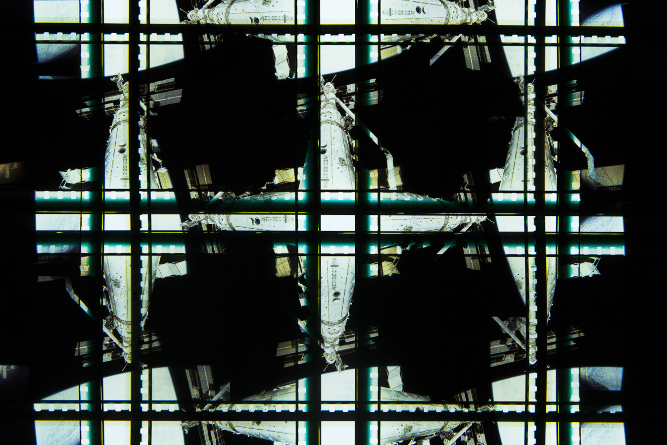 Space Program 2. 65mm Celluloid Film, Fluorescent Lights, Custom Lightbox. 30x30x6. Richard Kerr. 2016. (Detail).