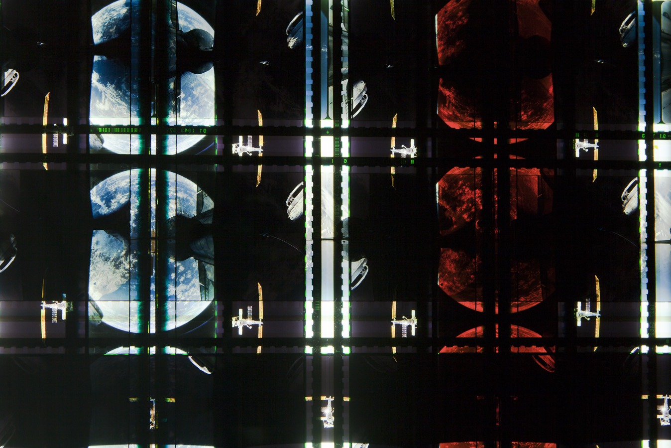 Space Program 4. 65mm Celluloid Film, Fluorescent Lights, Custom Lightbox. 30x30x6. Richard Kerr. 2016. (Detail).
