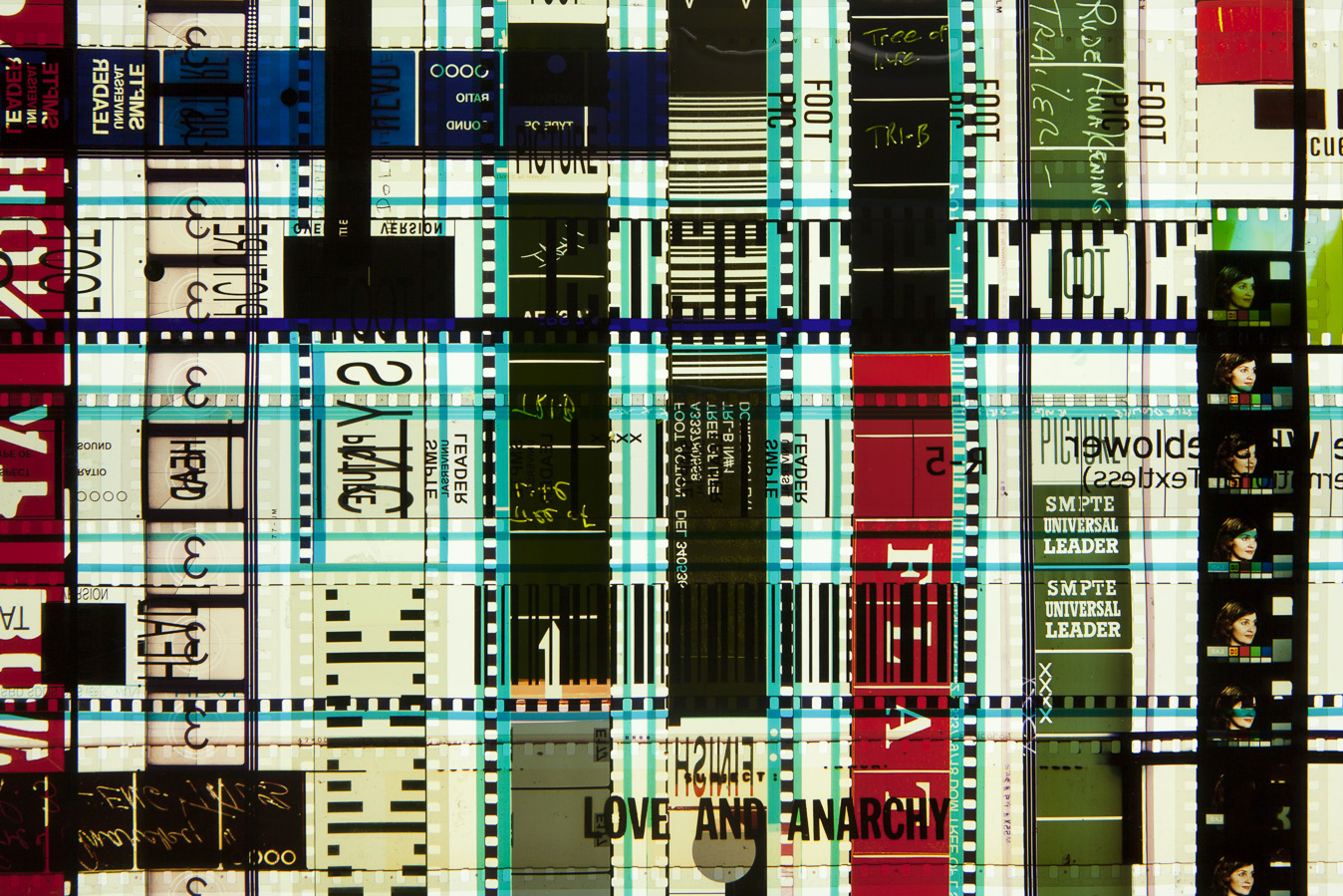 Love and Anarchy. 35mm Celluloid Film, Fluorescent Lights, Custom Lightbox. 30x30x6. Richard Kerr. 2016. (Detail).