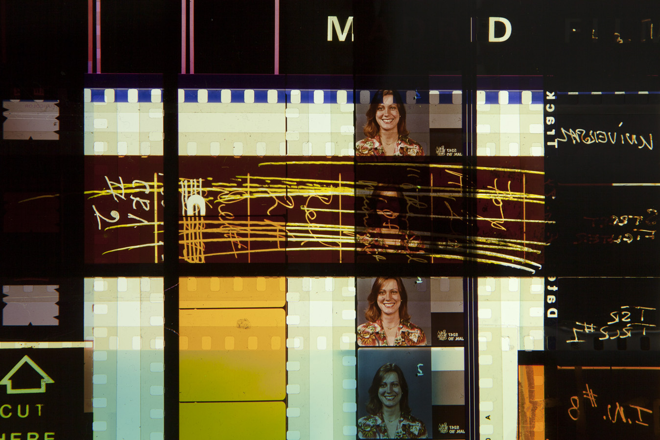 Love and Anarchy. 35mm Celluloid Film, Fluorescent Lights, Custom Lightbox. 30x30x6. Richard Kerr. 2016. (Detail).