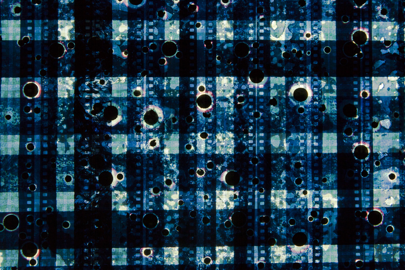 Drill Blue (Woven). 35mm Celluloid Film, Fluorescent Lights, Custom Lightbox. 30x30x6. Richard Kerr. 2016. (Detail).