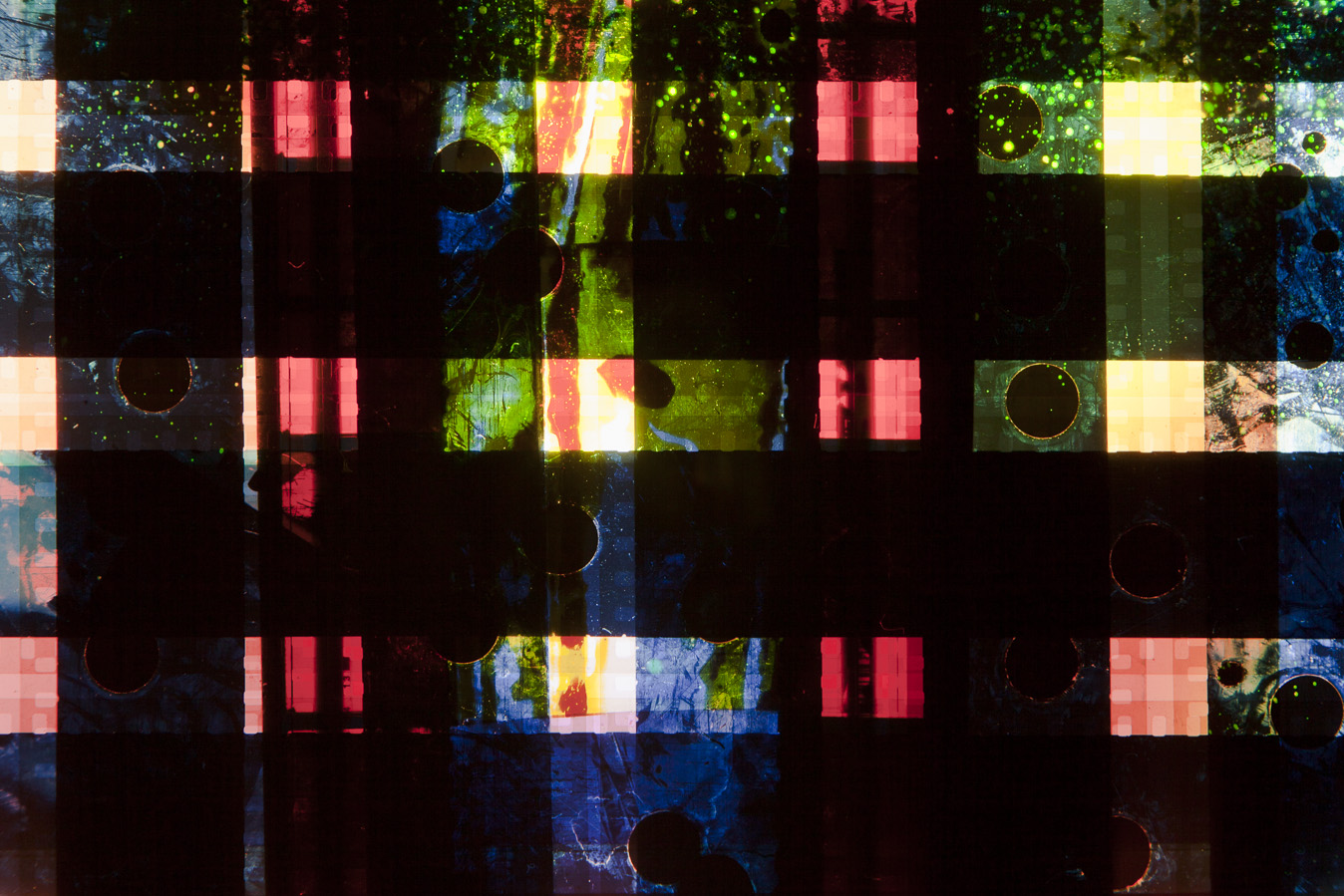 Drill Blue no.2. 35mm Celluloid Film, Fluorescent Lights, Custom Lightbox. 30x30x6. Richard Kerr. 2016. (Detail).