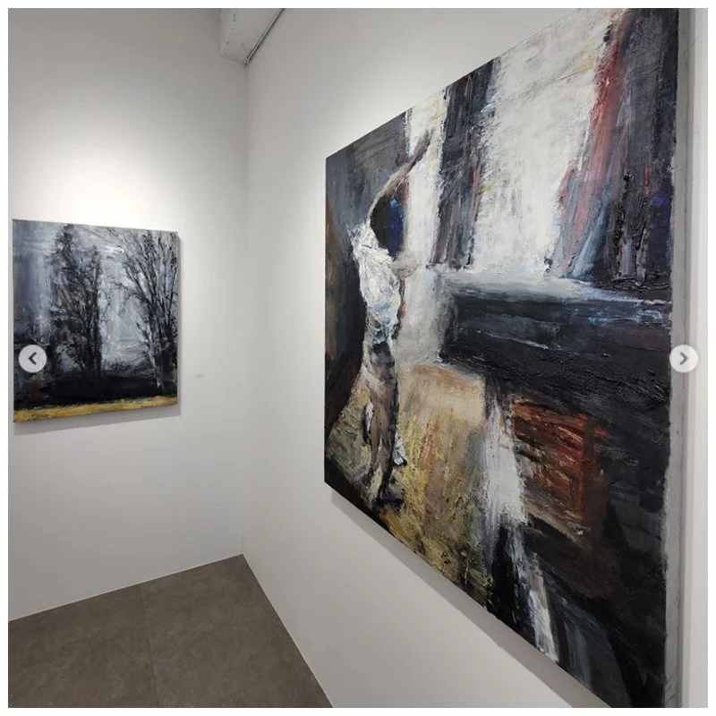 Installation view focusing on two paintings within the Records for the Fading exhibition at Seoul Art Now Gallery.