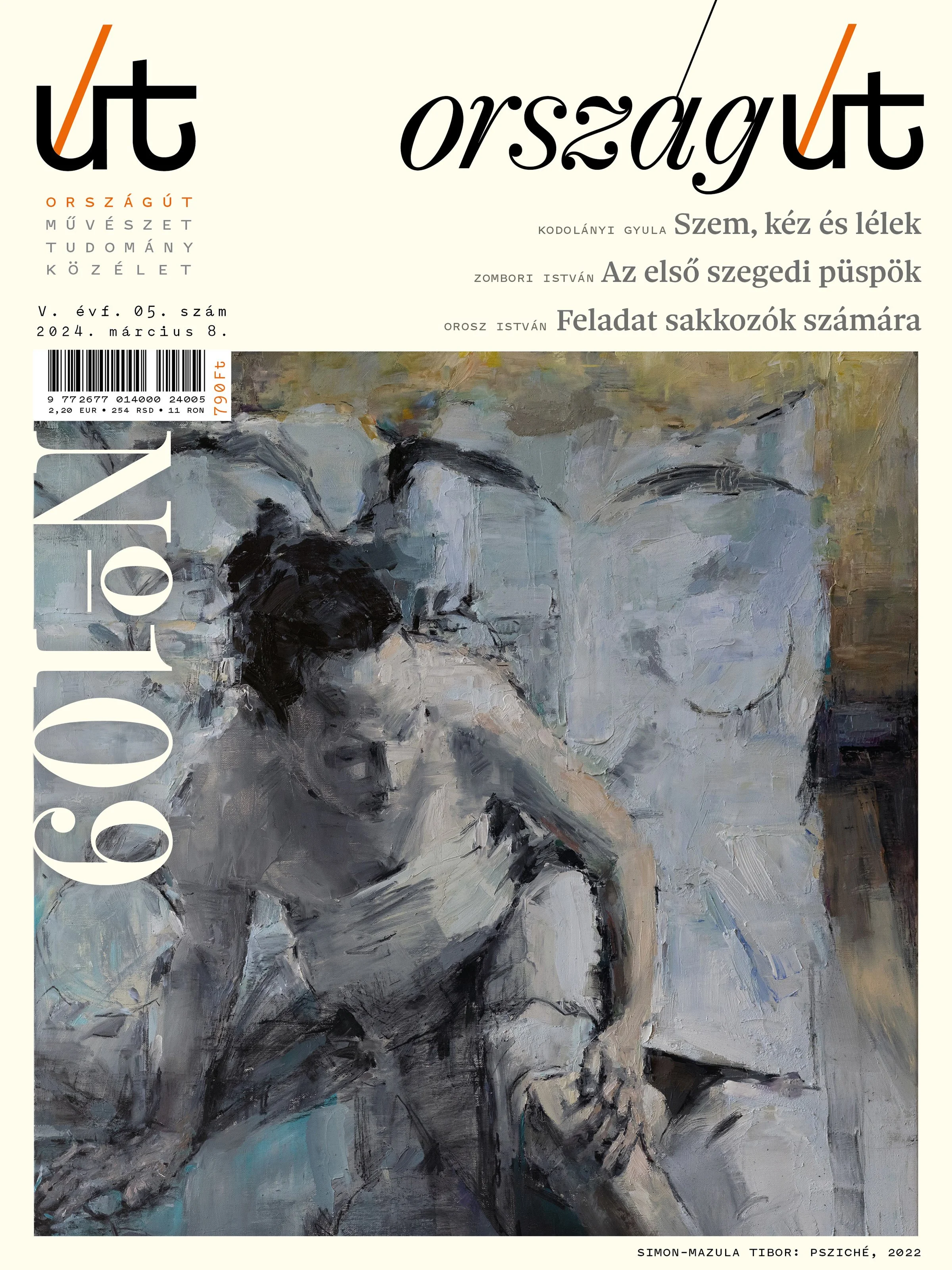 Cover of Országút Art and Culture Magazine featuring a painting by Tibor Simon-Mazula, March 2024