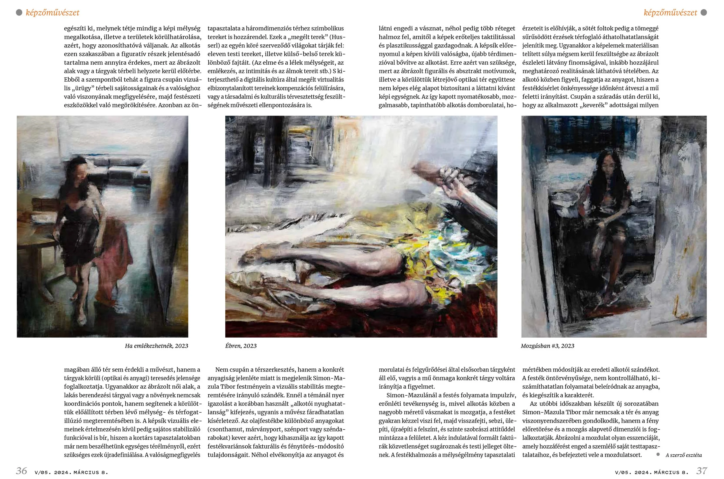 Interior pages of Országút magazine featuring paintings by Tibor Simon-Mazula alongside critical text, 2024