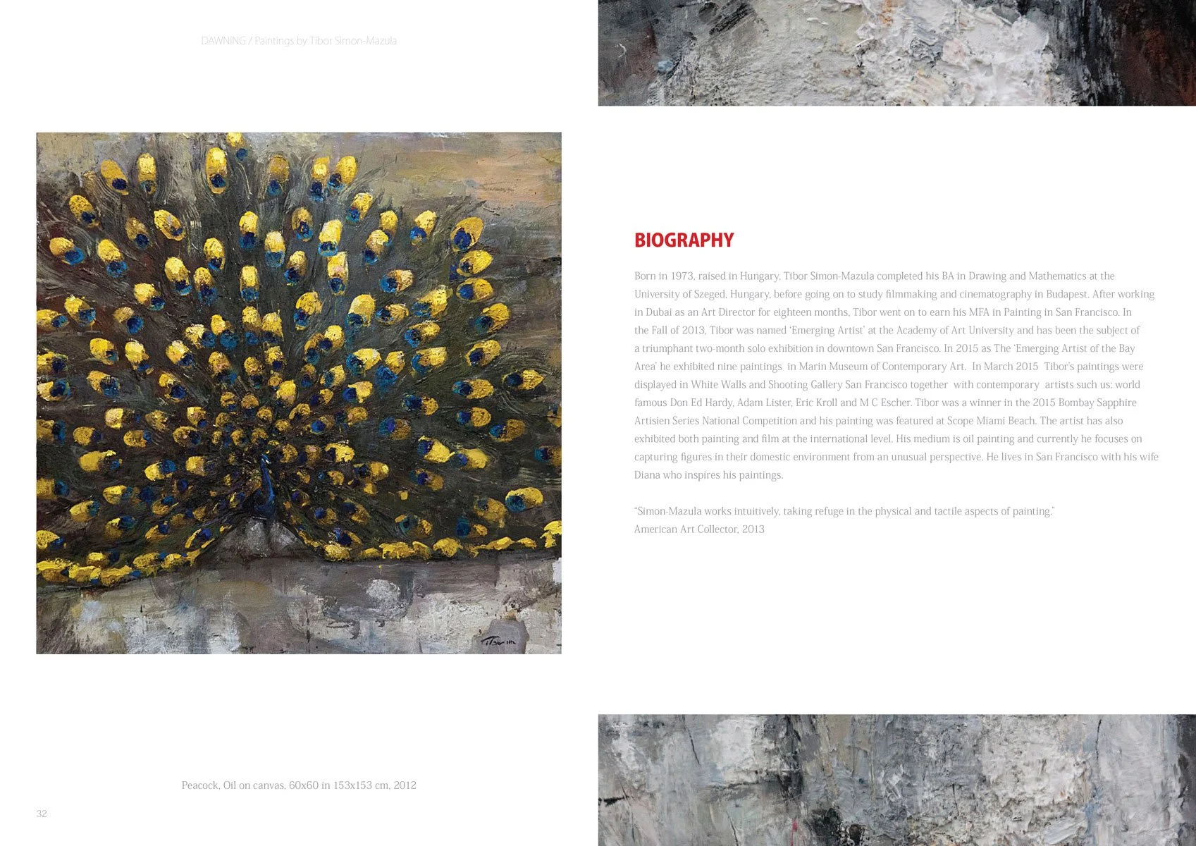 Biography — “Dawning,” Catalogue for Tibor Simon-Mazula’s Solo Exhibition at White Walls & Shooting Gallery, San Francisco, September 2016, San Franisco, USA.