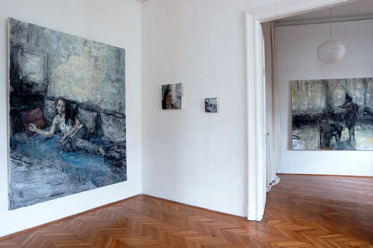 Installation view of Closeness, featuring figurative paintings by Tibor Simon-Mazula in a gallery setting, Budapest