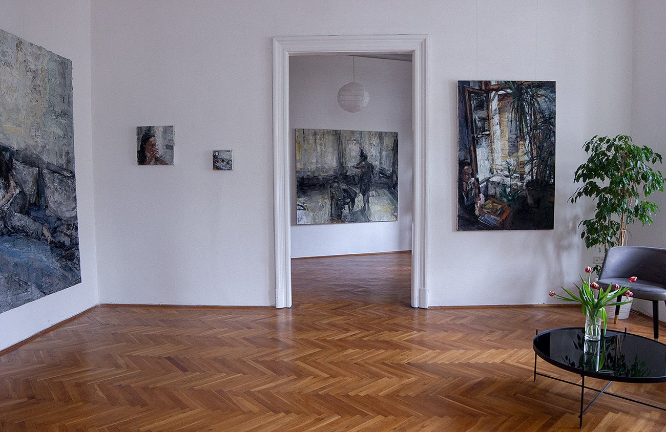 Installation view showing two adjoining exhibition spaces.