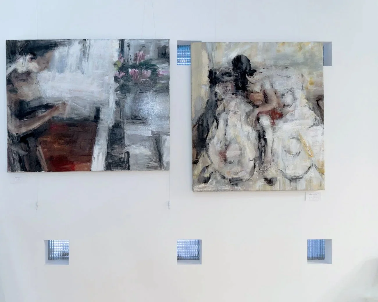 Figurative painting by Tibor Simon-Mazula showing two figures rendered in muted, layered brushwork, conveying intimacy and quiet psychological tension.