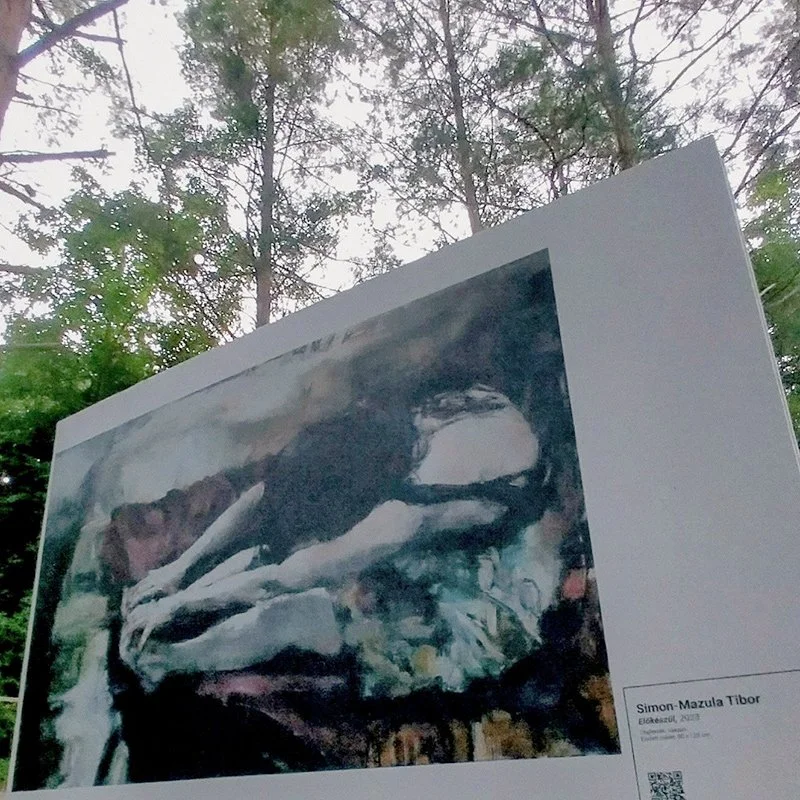 Paintings installed among trees in a natural environment, Fine Art on Orfű, 2024.