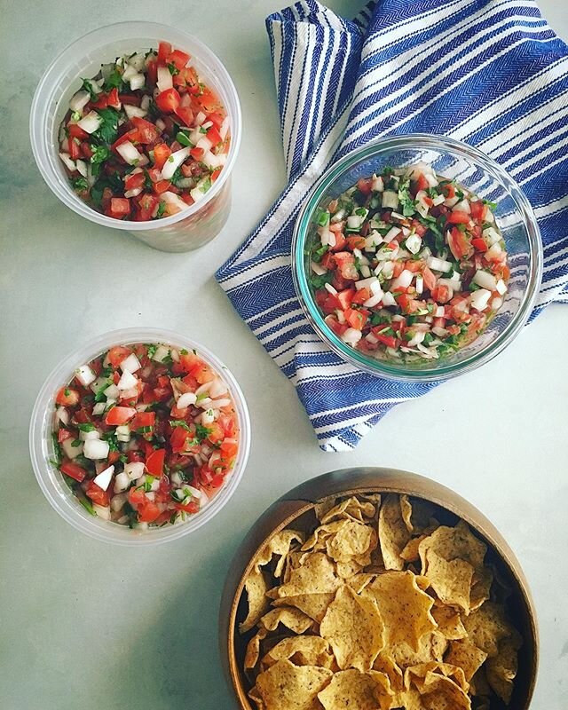 sending tubs of pico de gallo and chips as easter gifts this year. tomatoes, white onion, cilantro, jalape&ntilde;o, lime, and salt mixed together are some kinda magic that goes well on just about anything 
8 roma tomatoes
1 bunch cilantro
1 giant fi