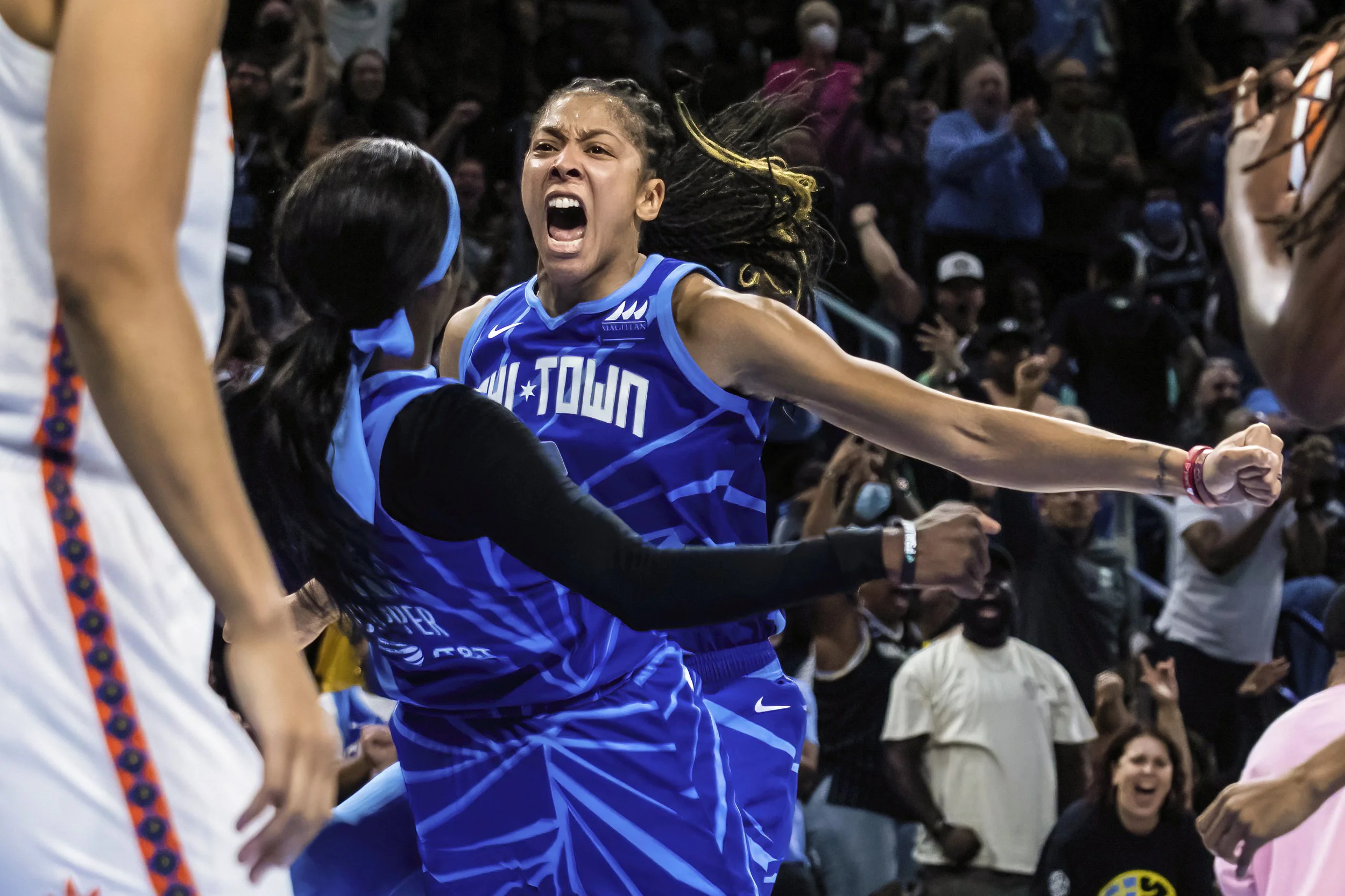  Chicago Sky's Candace Parker #3 and Kahleah Copper #2 celebrate after Copper scored during the 3rd quarter as the Sky take on the Connecticut Sun for Game 5 of the 2022 WNBA semifinals at Wintrust Arena, Thursday evening, Sept. 8, 2022. | Ashlee Rez