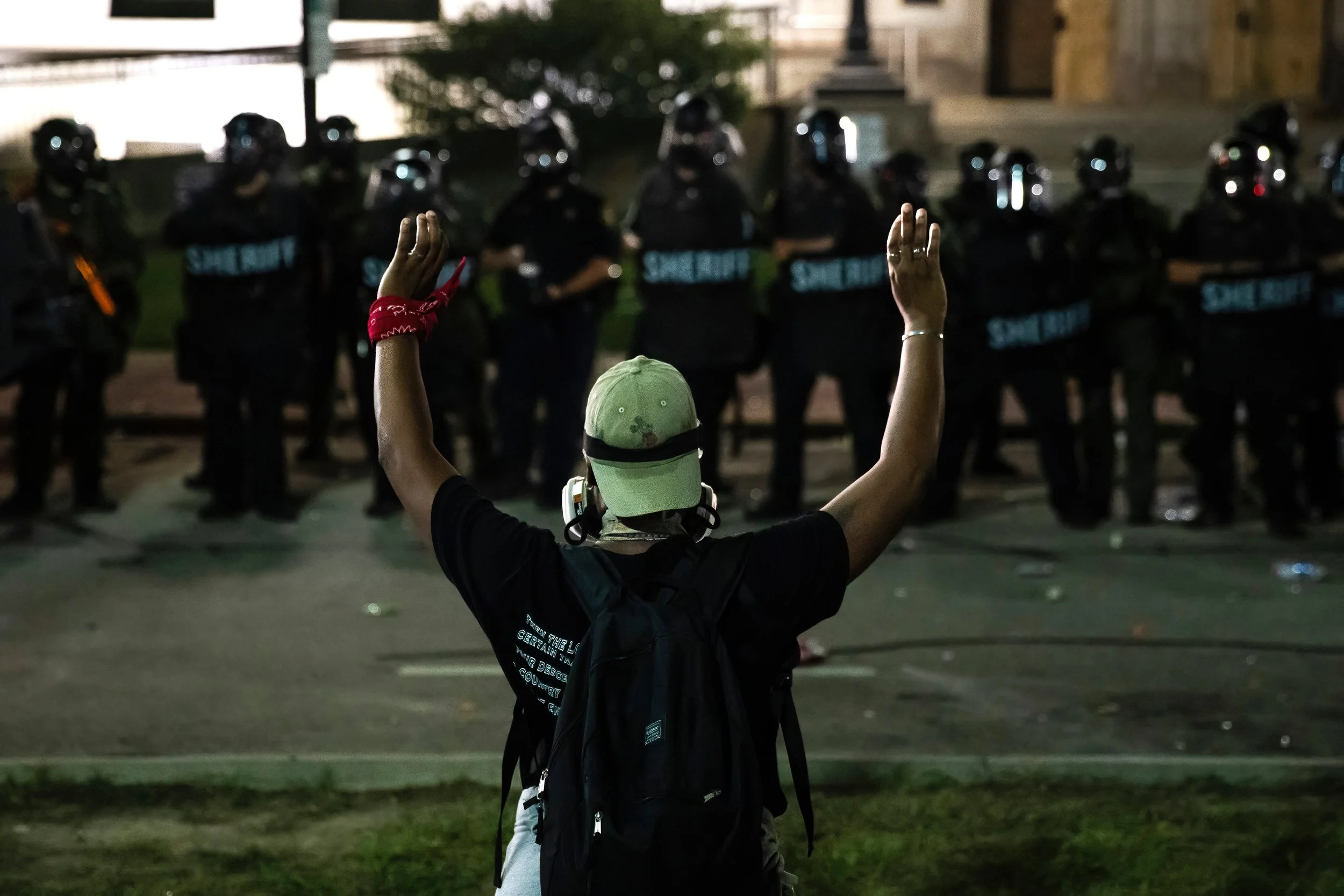  Police block protesters from the Kenosha County Courthouse in the second night of unrest after police shot Jacob Blake, Monday night, Aug. 24, 2020. | Ashlee Rezin/Sun-Times    Scenes from Kenosha after shooting of Jacob Blake   