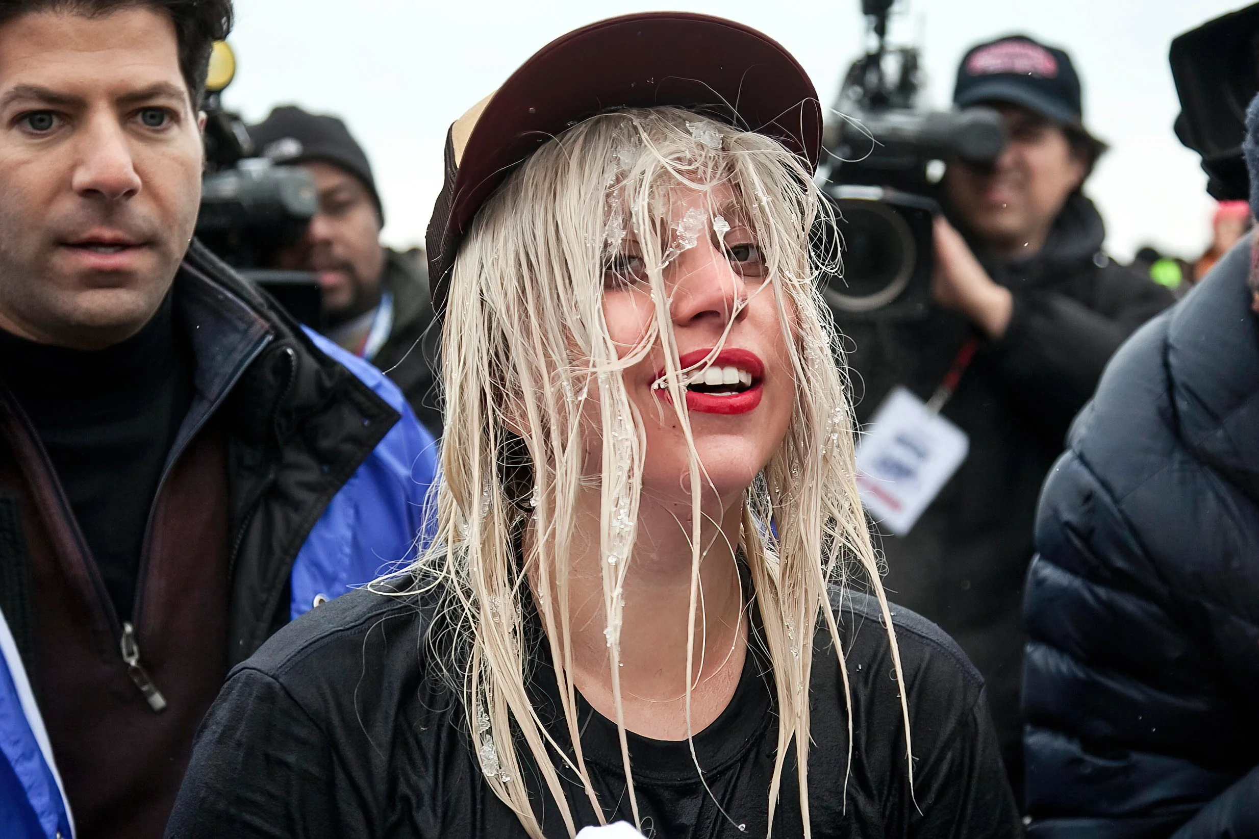 Lady Gaga joins her fiancé Taylor Kinney and the stars of NBC's "Chicago Fire" to jump in the frigid waters of Lake Michigan during the Polar Plunge at North Avenue Beach, Sunday morning, March 1, 2015. | Ashlee Rezin/Sun-Times 