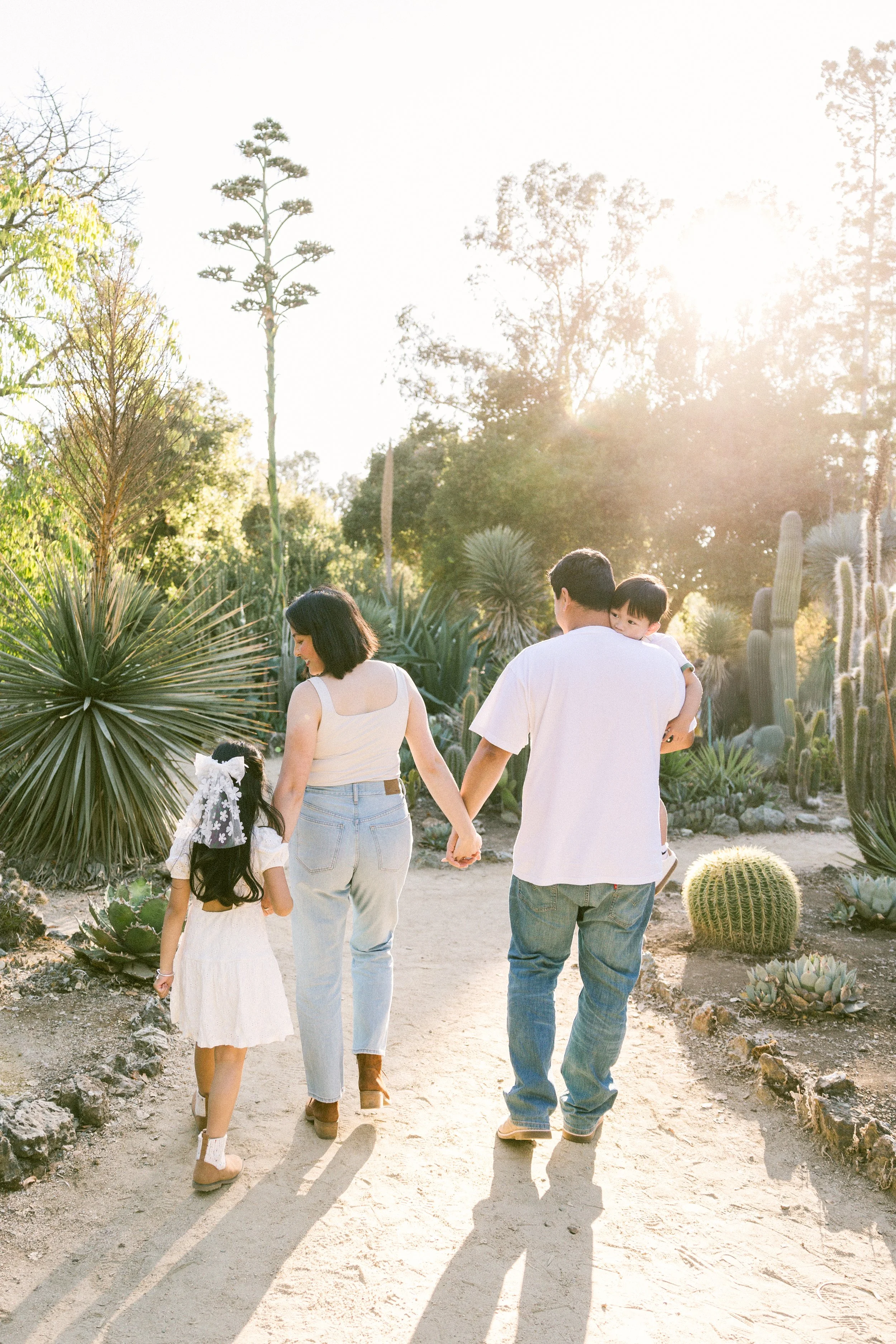 Family walking in desert garden with cacti and sunlight