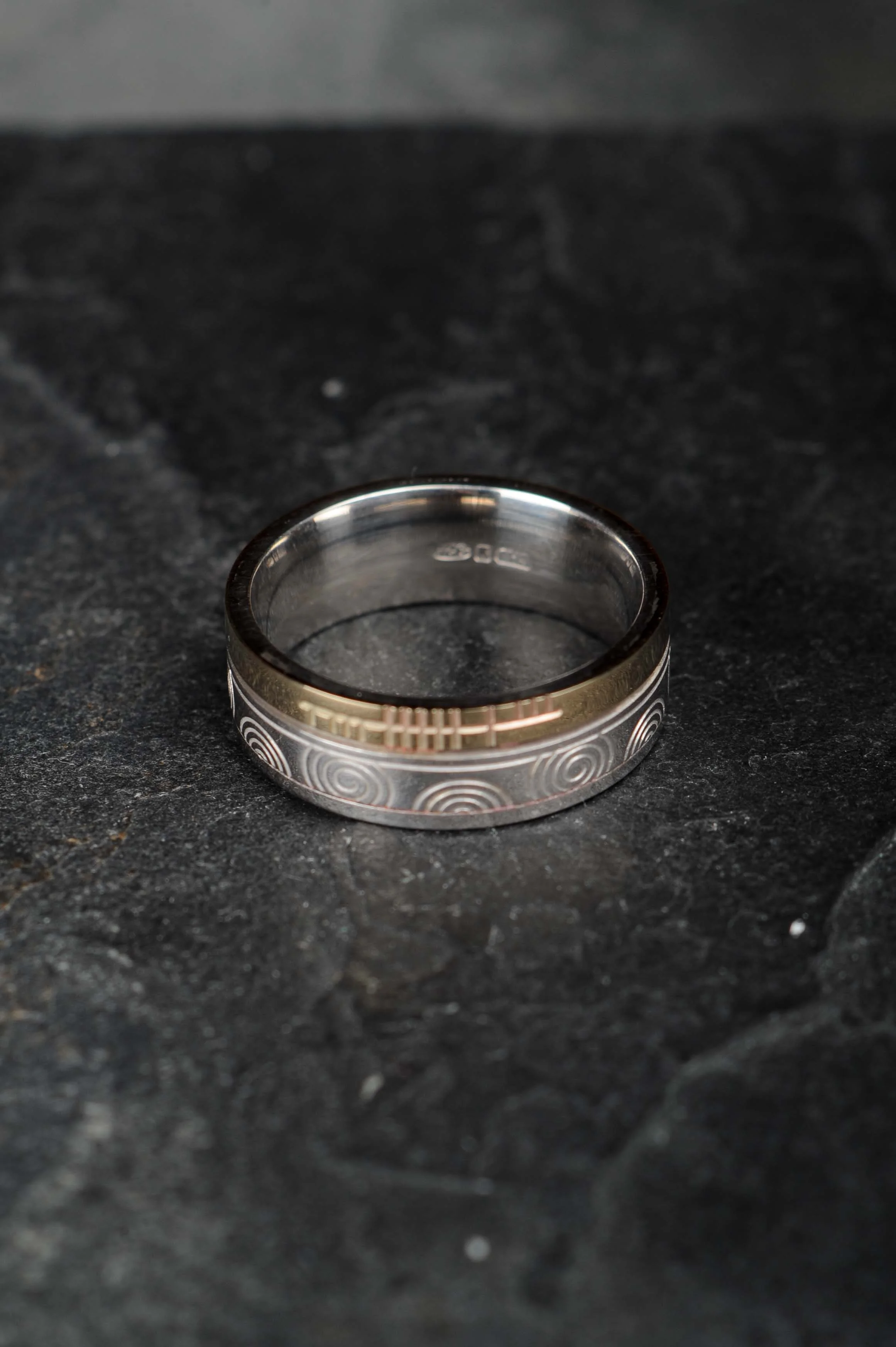 Newgrange Faith Band - Sterling silver and 10ct unisex band enscribed with the word FAITH in Ogham script €325 W.8mm Sizes 5,6,7,8,9,10,11,12,13 (2 week order time).jpg