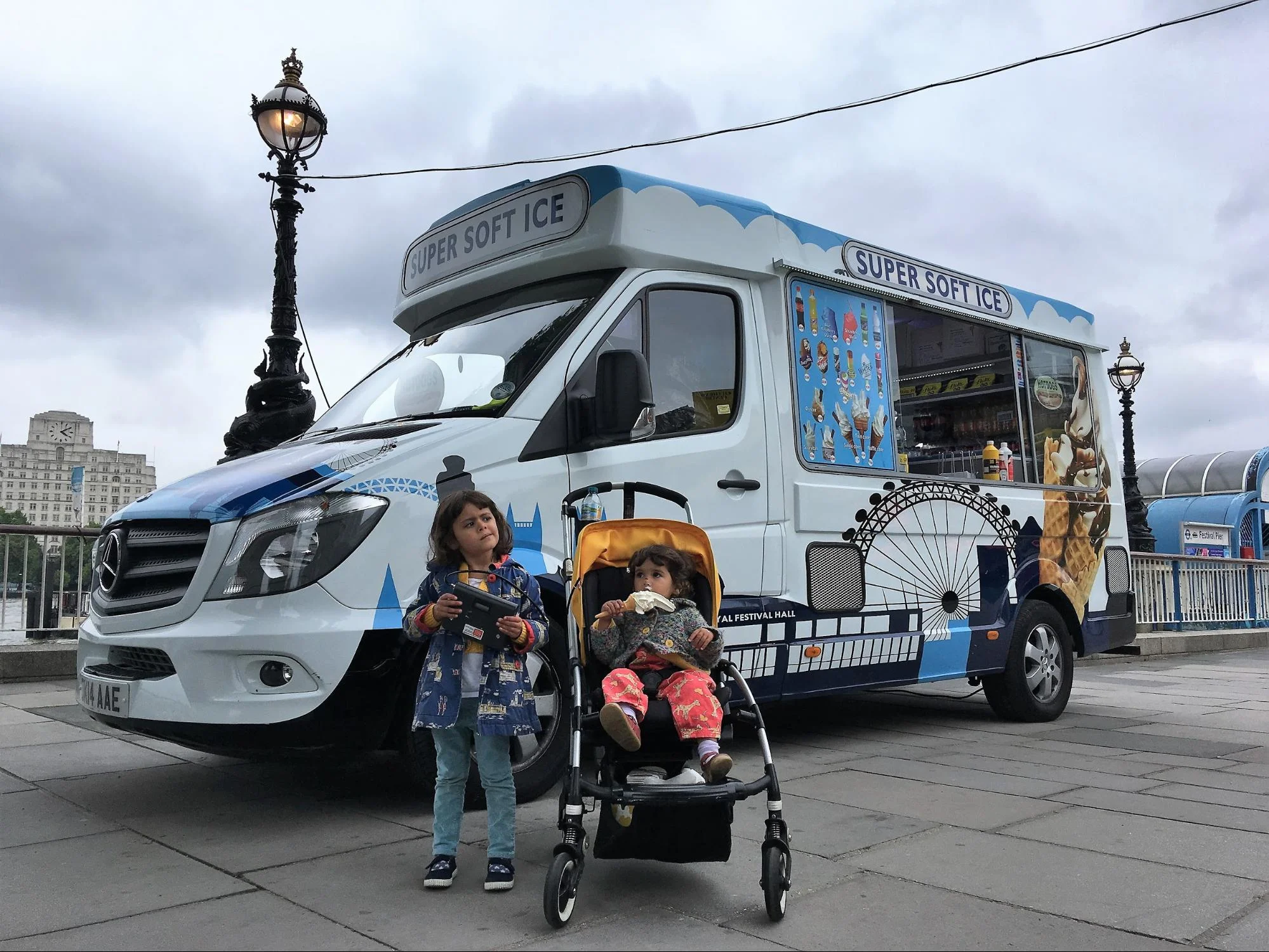 Volunteers measuring air pollution at an ice cream van on the South Bank, London.