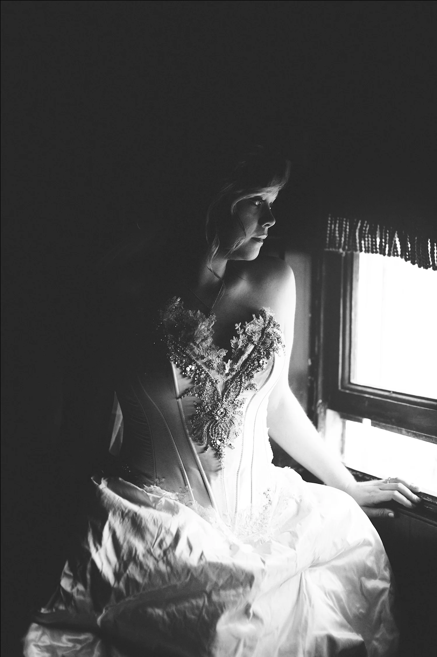 Bride Wedding Photograph window Lumley Castle Black and White