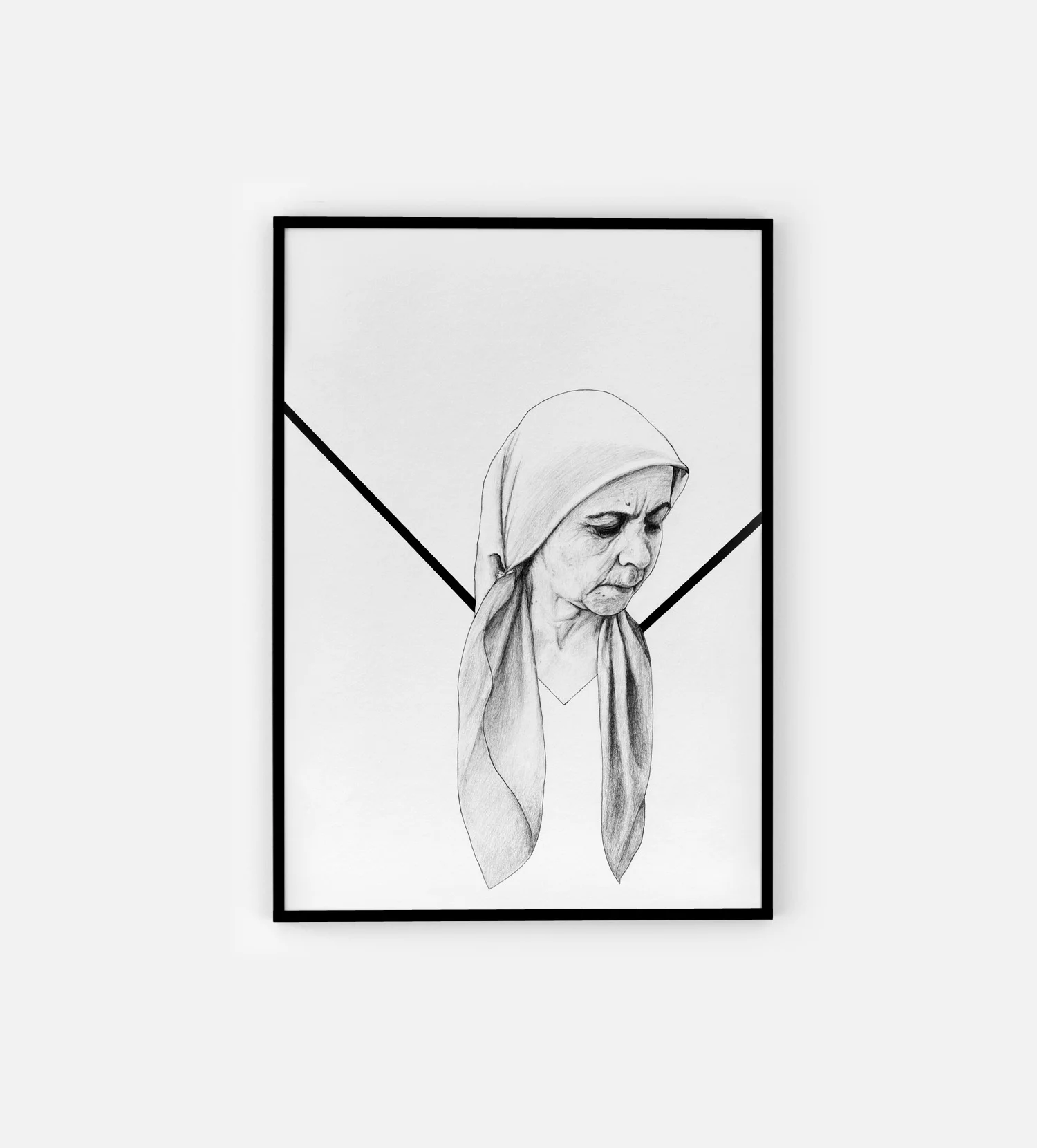 hand drawn portrait old woman headshot modern black and white pen and pencil