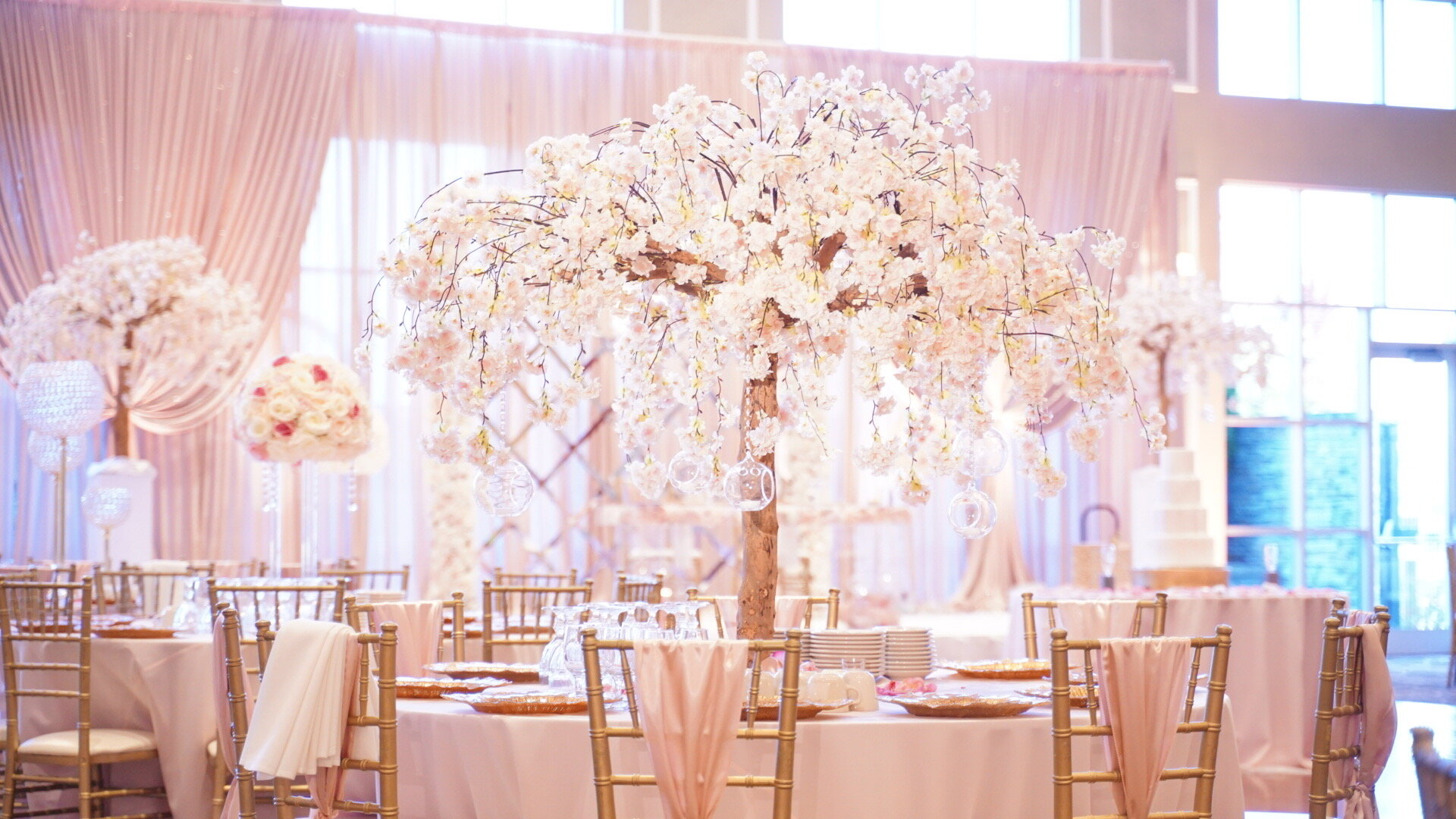 Dinoflos wedding decor preferred vendor acrylic sweetheart tables chicago floral centerpieces cherry blossom tree gold centerpieces event lighting white dance floor  (2).JPG