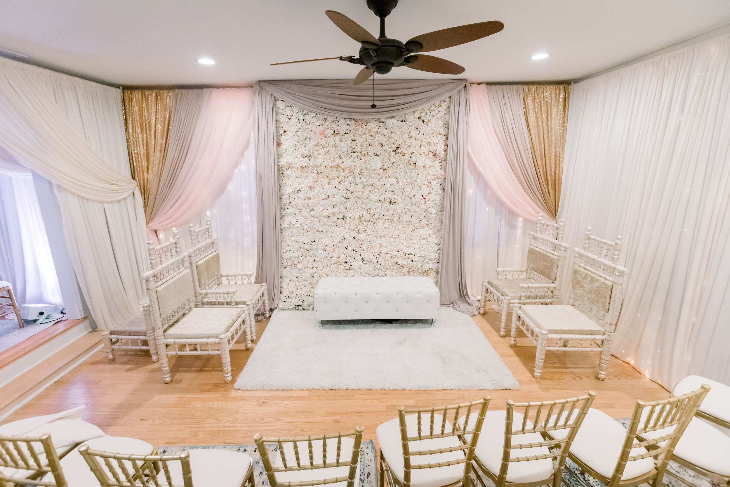 Basement wall draping wedding in the living room garage wall draping intimate wedding at home micro wedding event in chicago chiavari chairs table ren (5).jpg