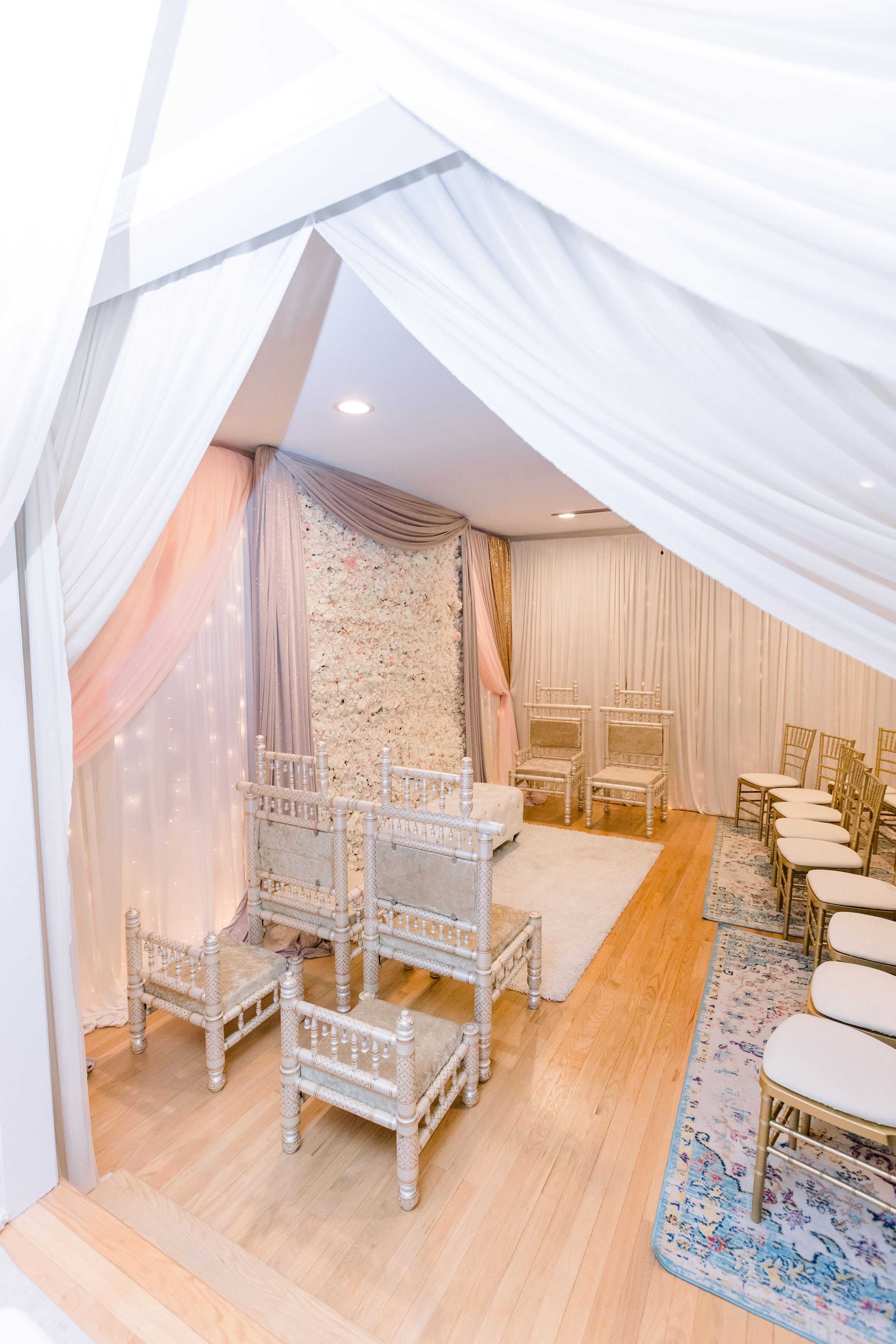 Basement wall draping wedding in the living room garage wall draping intimate wedding at home micro wedding event in chicago chiavari chairs table ren (7).jpg