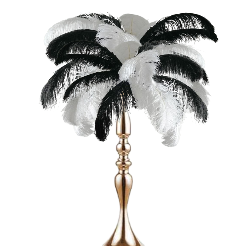 Black candelabra ostrich feathers centerpiece - RentalCenterpiece