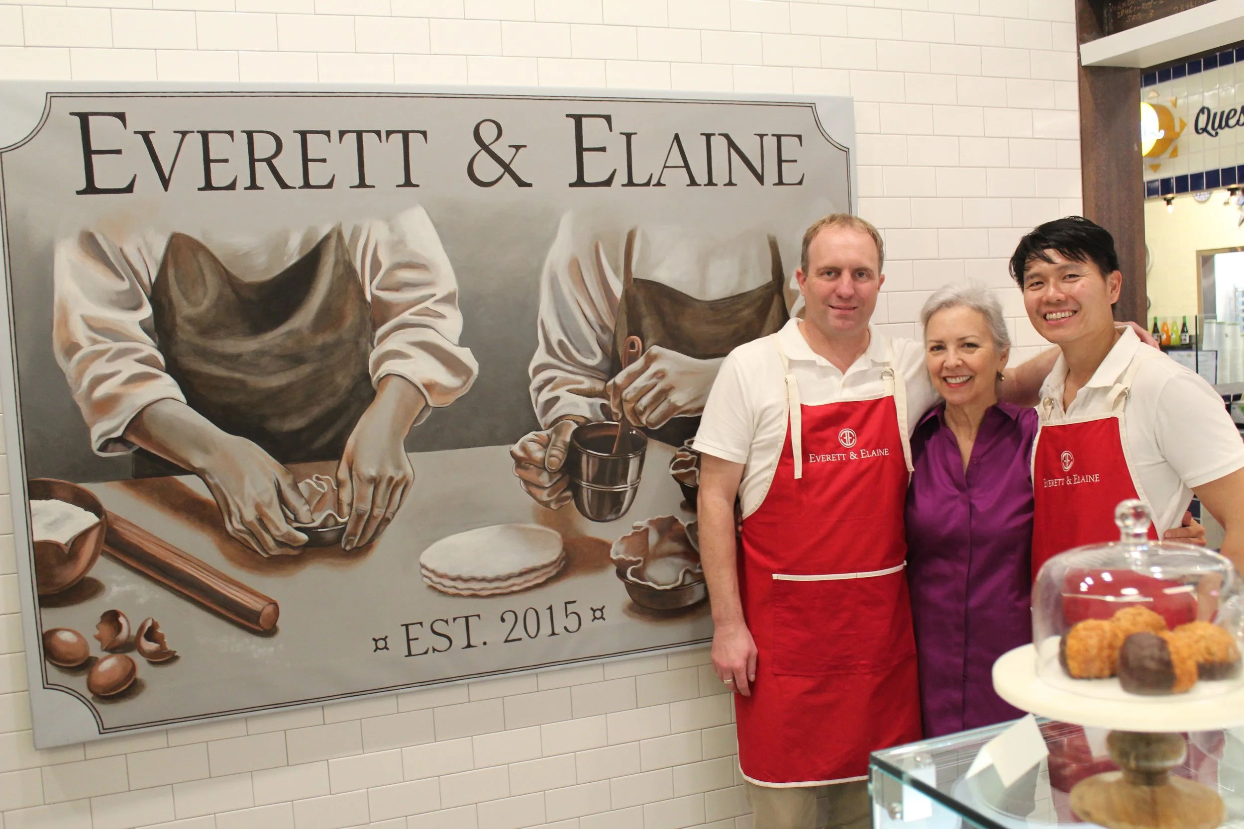 Ta-Da! Here's the mural in place. I was thrilled to be invited to the friends and family soft opening and lucky to find a second when they weren't swamped to pose for a photo with the owners.