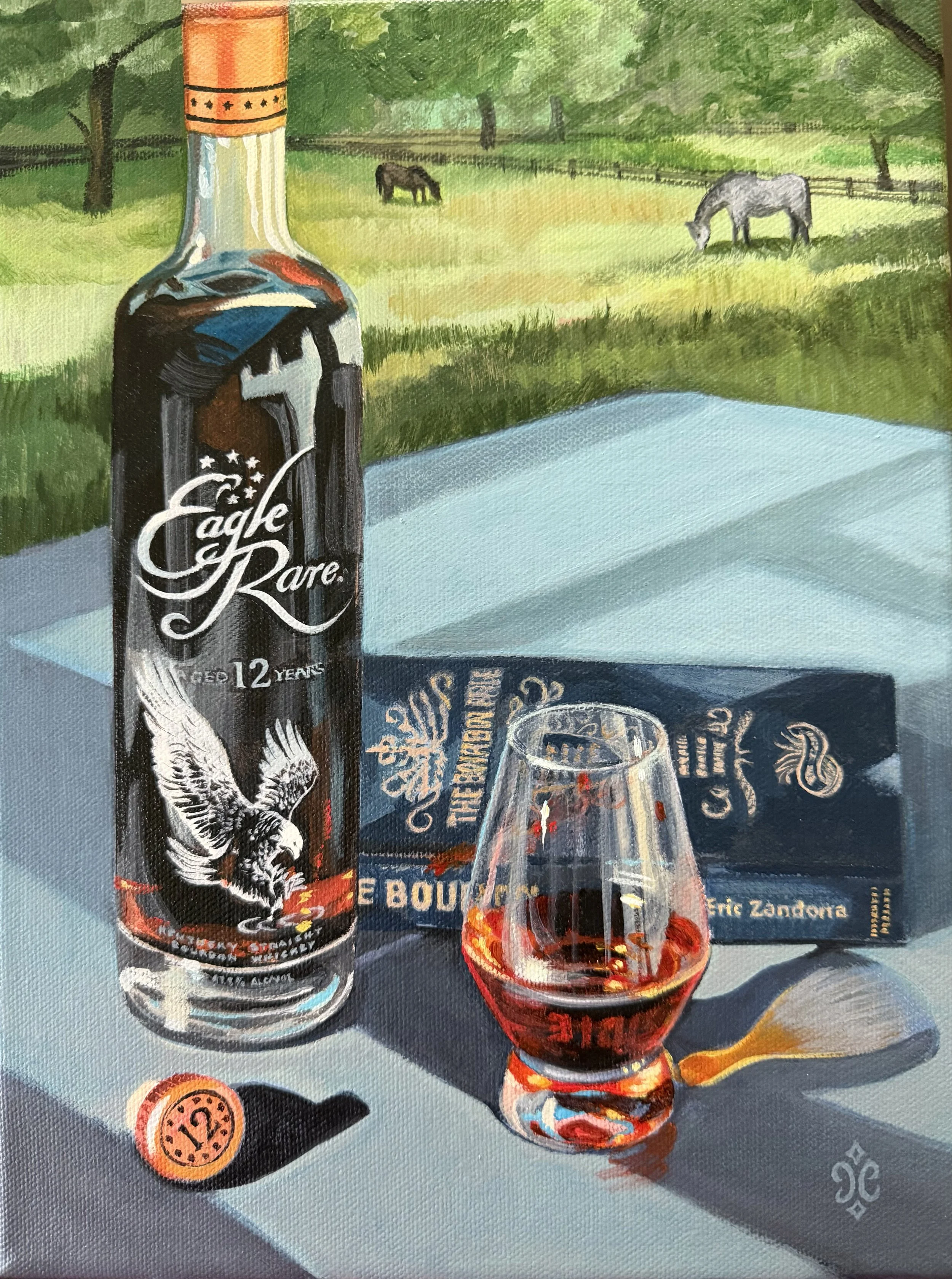 A painting of a bottle of Eagle Rare 12 with a glass of whiskey with horses in the background.