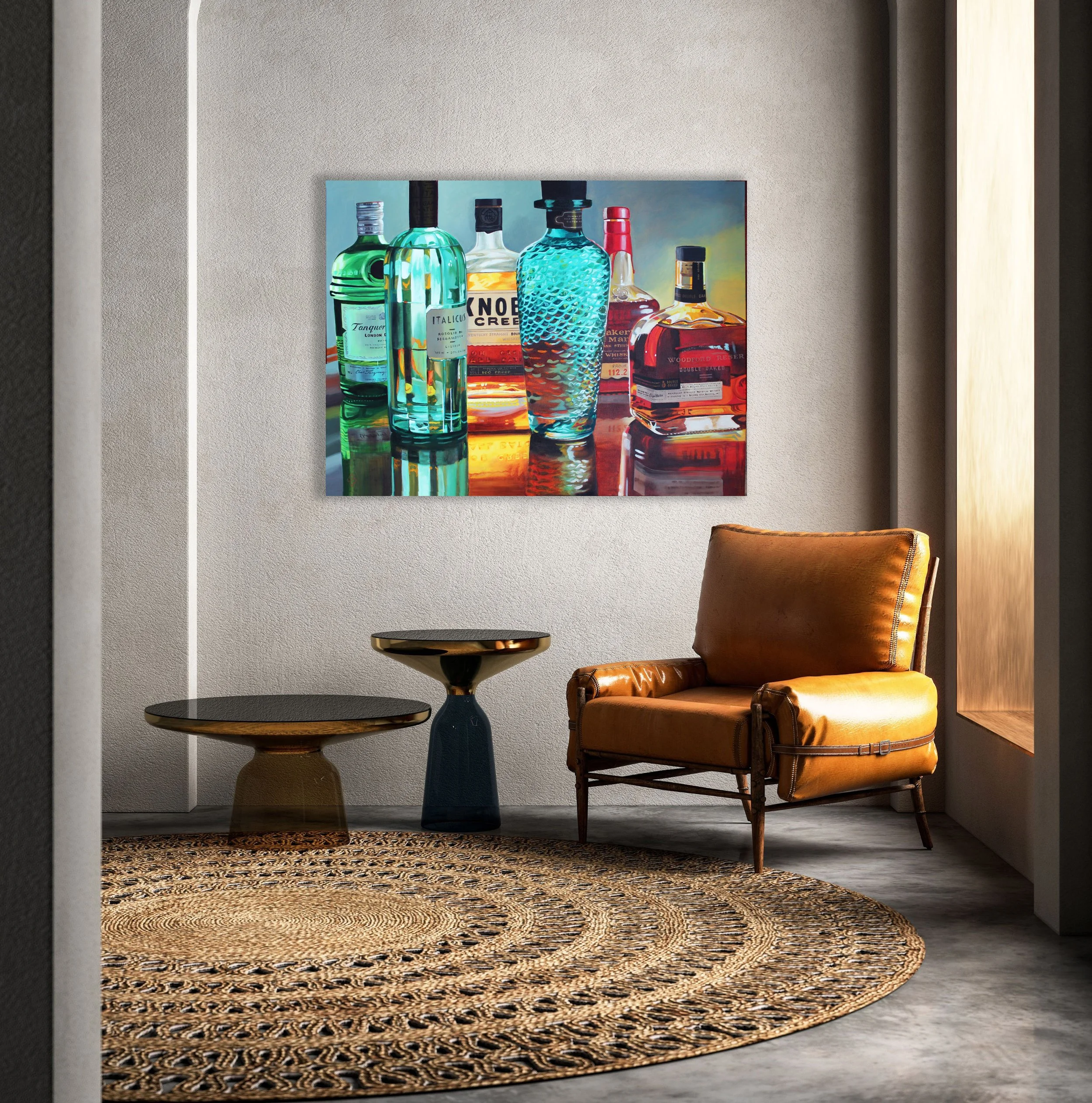Acrylic painting of colorful liquor bottles in dramatic lighting